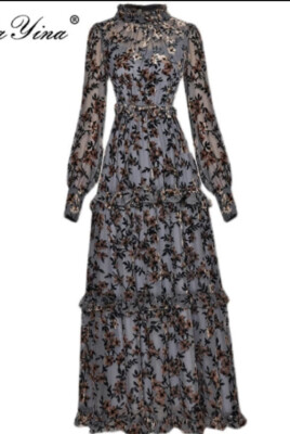 Womens Floral Maxi Party Elegant Long Sleeves Dress