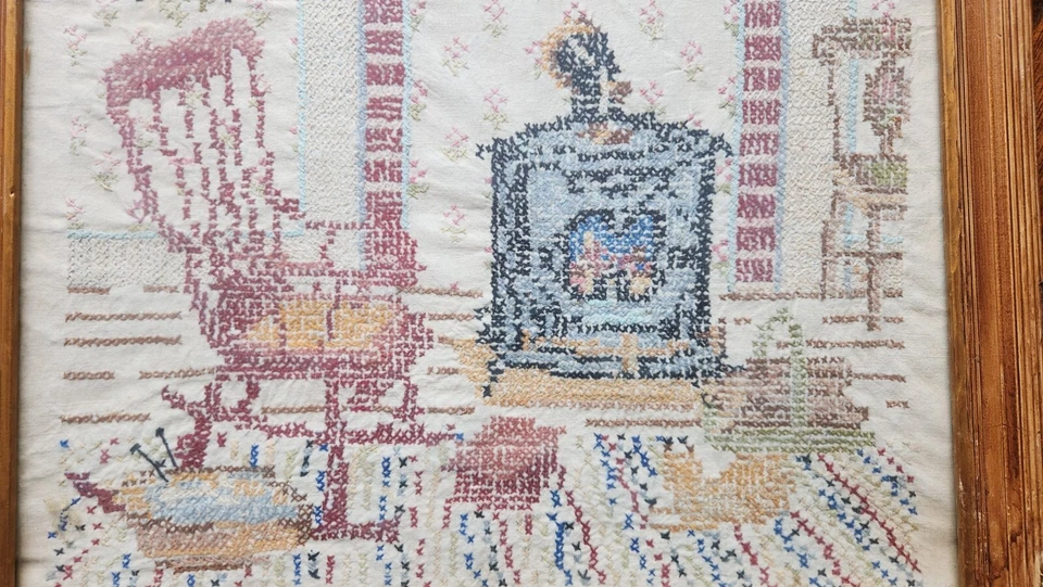 Amostrador emoldurado vintage antigo ponto cruz ponto agulha fogão balancim - Imagem 4 de 4