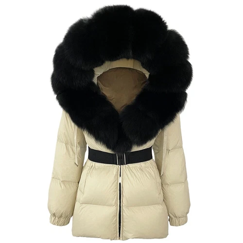 Winterjacke Damen echt Fuchspelz Kapuze dick warm weiß Entendaunenmantel - Bild 8 von 35