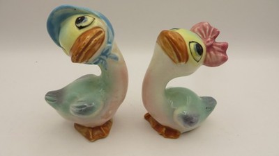 Two Vintage Geese Ceramic Anthropomorphic Figurines 3'' Japan-Eyes To the Sky