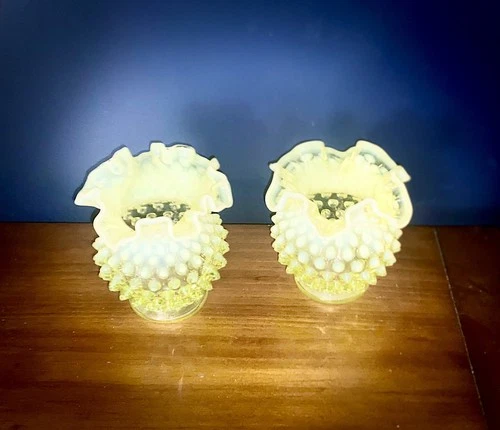 Fenton Hobnail Vaseline Vase - Uranium Glass - Set Of 2