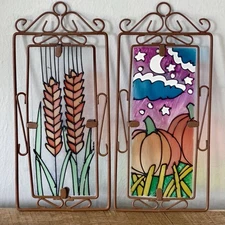 Stained Glass Window Hangings Lot 2 Autumn Wheat Pumpkin Patch Moon Suncatcher