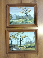 Pair MCM "Autumn Haze" Craft Master Oil Paint by Number Signed 1969 Framed 16x12