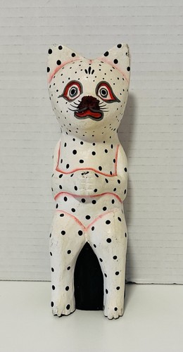 Vintage handgeschnitzte Holz Volkskunst gepunktet Katze Figur 7,5" groß
