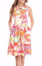 Nine West Candy Tango Multi Fit & Flare Pleat Stretch Cotton Dress w/Pockets $99