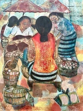 Sukrid Thareenak Modernist Thai Gouache Painting Signed - Market Scene Ca. 1960s