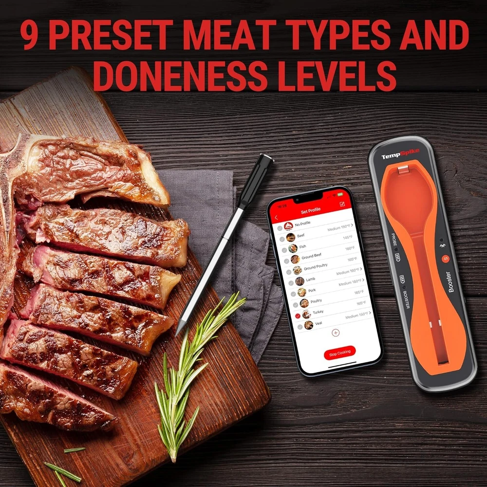 Bluetooth Meat Thermometer - 500ft Range, 1 Probe & 2 Sensors, Easy-to-Use App