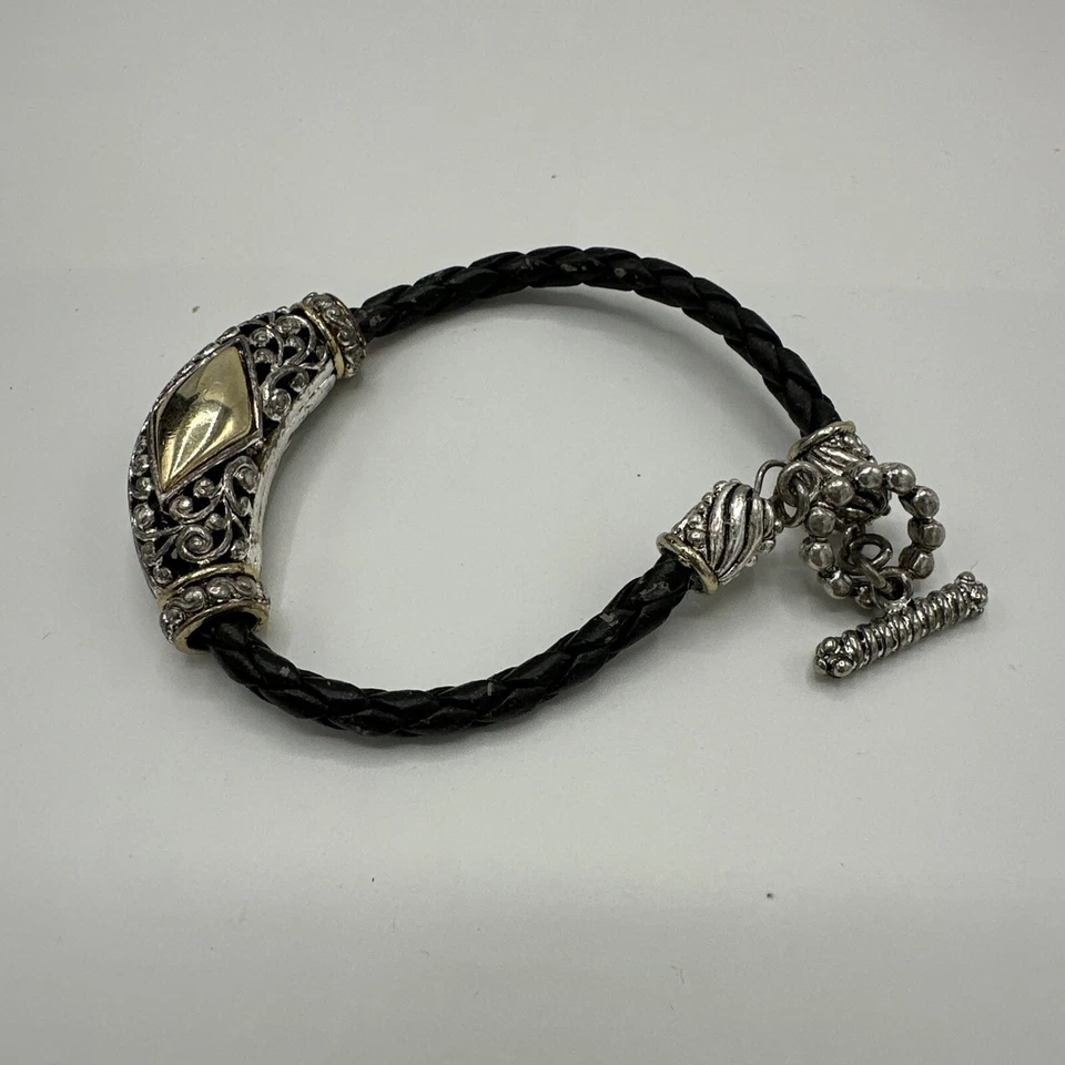 Pulsera de bisutería trenzada de cuero negro tono plata cuentas ornamentadas palanca Foto 4 de 4