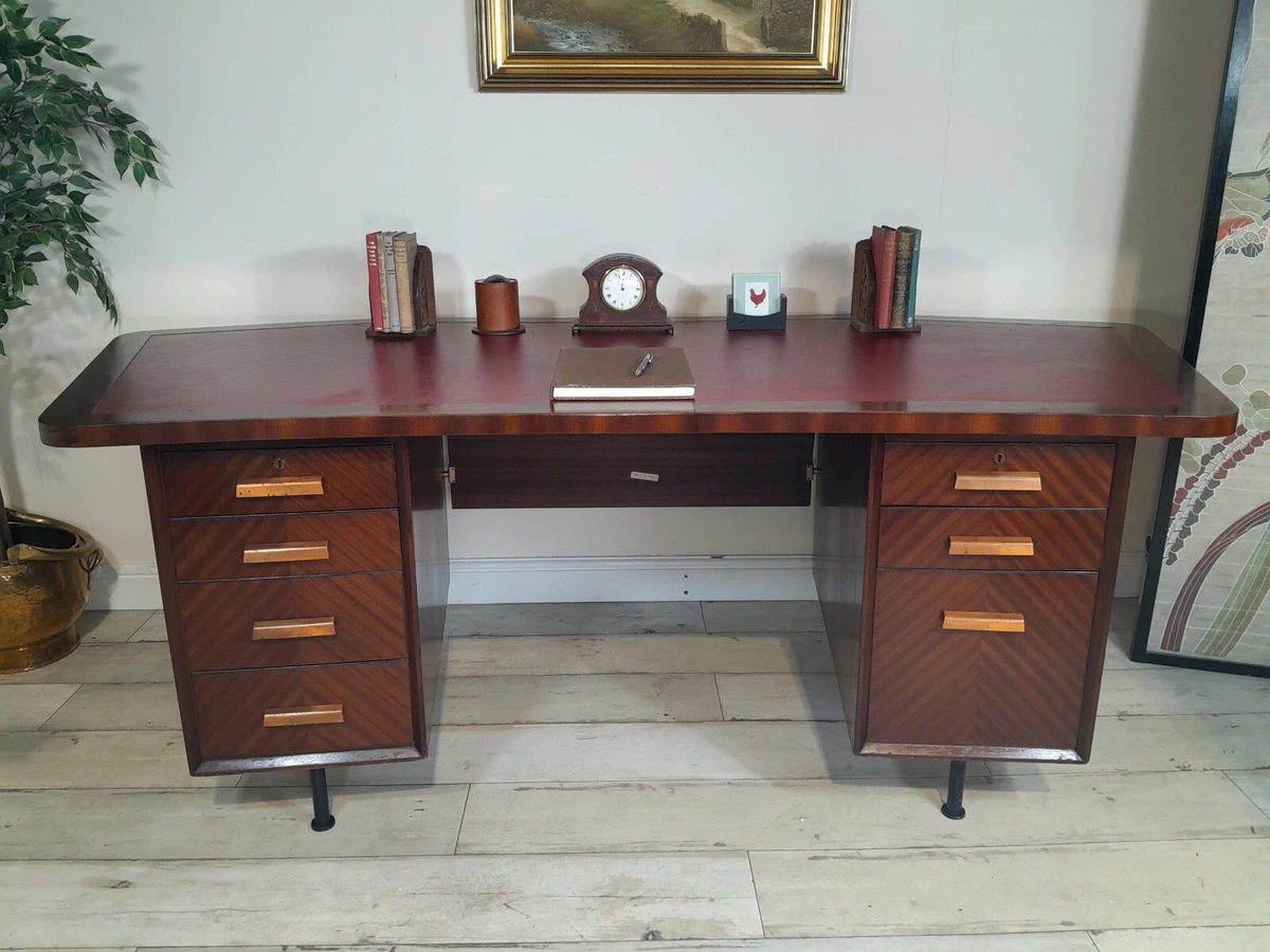 Shaw London Curved Desk Walnut Green Leather Topped Double