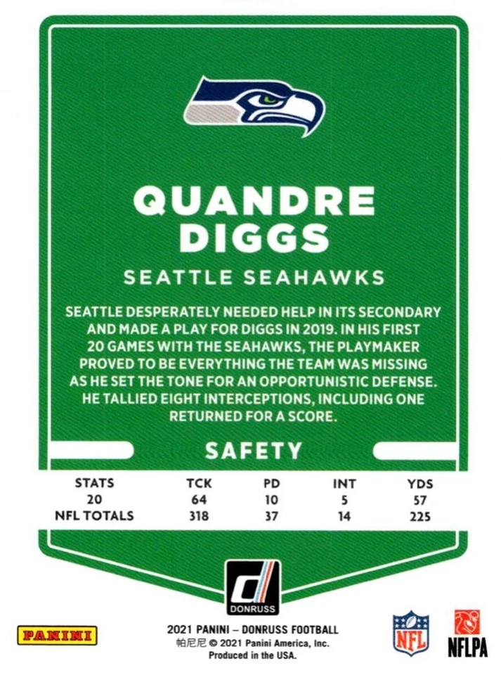 2021 Donruss Press Proof Blue Quandre Diggs Seattle Seahawks #33 - Image 2 of 2