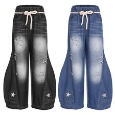 Women Pants Elastic Waist Denim Wide Leg Jeans Casual Y2K Holiday Baggy Long
