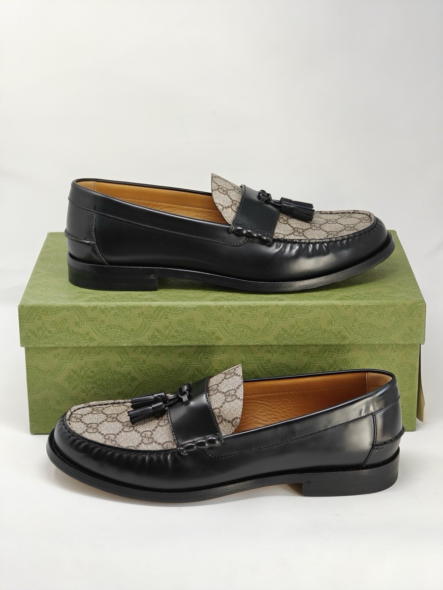 Gucci Kaveh GG Supreme Leather Tassel Loafers Shoes Brown Black UK