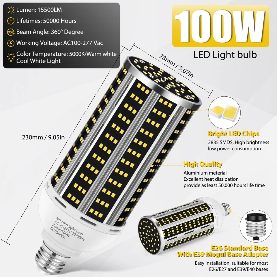 100W 4 pack LED Corn Light Bulb,(1000W Equivalent )Commercial Grade DayLight ... - Image 3 of 4