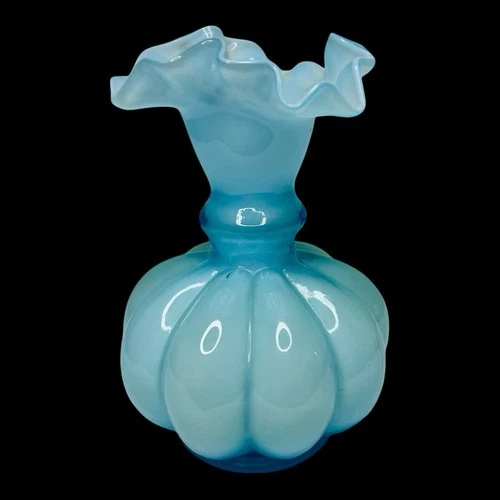 Vintage Fenton Blue Cased Melon Vase Ruffle 4 3/4 in ~  4.75"