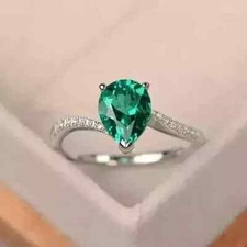 3Ct Pear Cut Lab Created Emerald Solitaire Wedding Ring 14K White Gold Plated