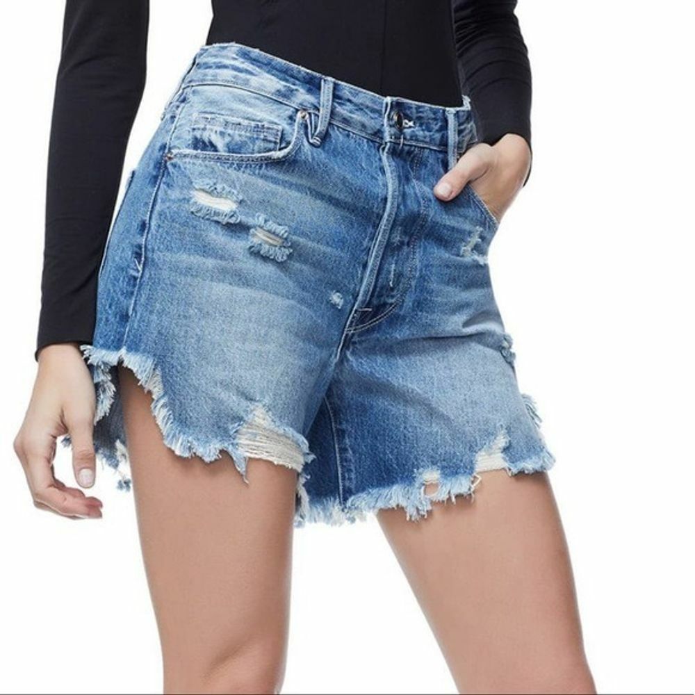 Good American 20 The Bombshell Denim Shorts High Waist Rise Distressed  Ripped | eBay