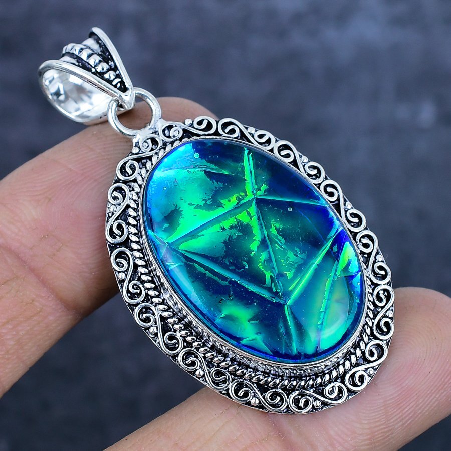 Handmade Blue Triplet Opal Pendant – Silver Plated, Lab-Created Gemstone Jewelry (2.08")