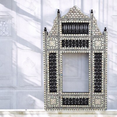 W173BL Black Arabesque Mother of Pearl Wood Mirror Egyptian Rectangular Frame