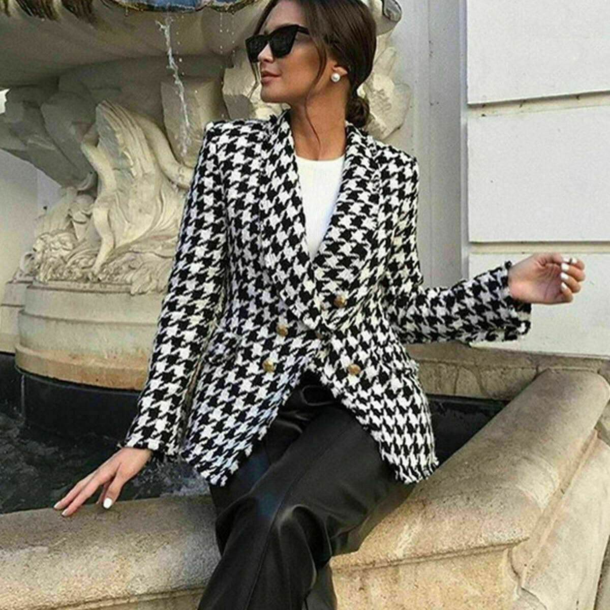 ZARA WOMAN BLACK WHITE HOUNDSTOOTH FRAYED JACKET BLAZER 7878/520 MEDIUM M