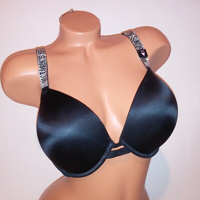 Victoria Secret Bra 36DDD Push Up Shine Strap Black Very Sexy
