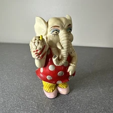 Vtg 1983 Lucky White Elephant Coin Bank Red Polka Dot Dress Small World Import