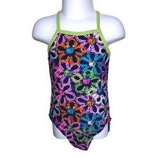Girls XS 4/5 OP Bright Neon Rainbow Flower Floral Criss Cross One Piece Swimsuit