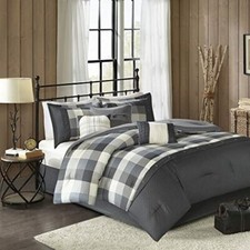 Gray Grey Ivory Buffalo Plaid Lodge 7 pc Comforter Set Queen Cal King Bedding