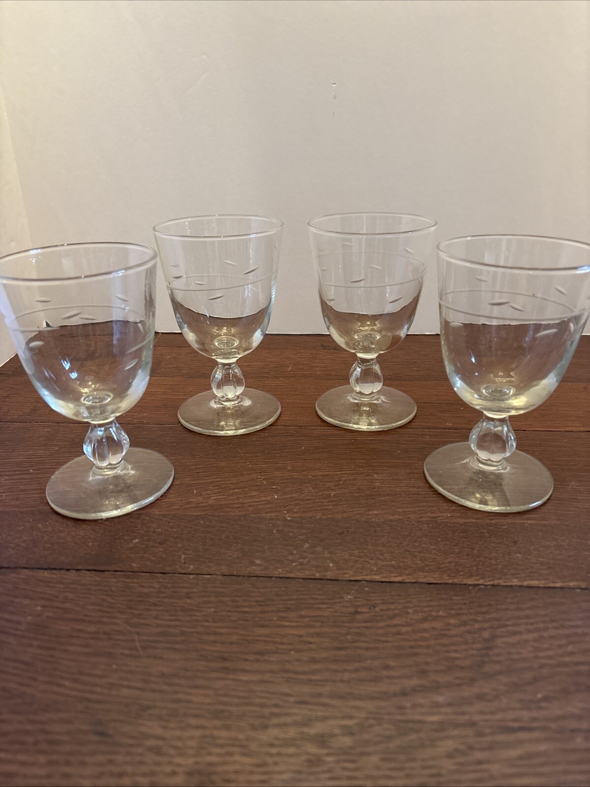 Vintage Etched Glass Stemmed Goblets Set of 4 Clear Wheat Pattern Wine Glasses