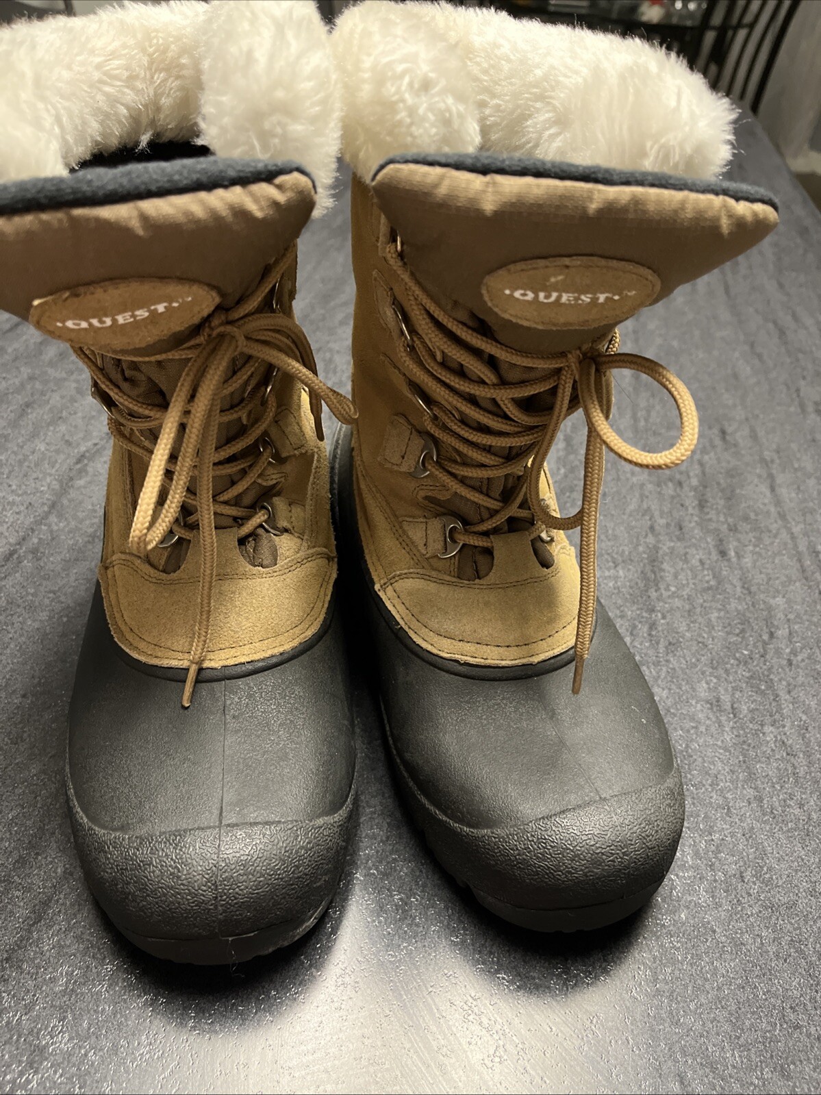 QUEST SNOW BOOTS WOMENS SZ 9 Black WEATHERPROOF UPPER TAN SUEDE THINSULATE SHAFT-image