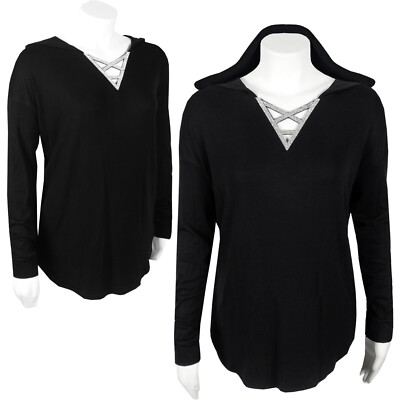 Womens Vocal Black Long Sleeve Knit Hoody Tunic Top With Criss Cross Rhinestone