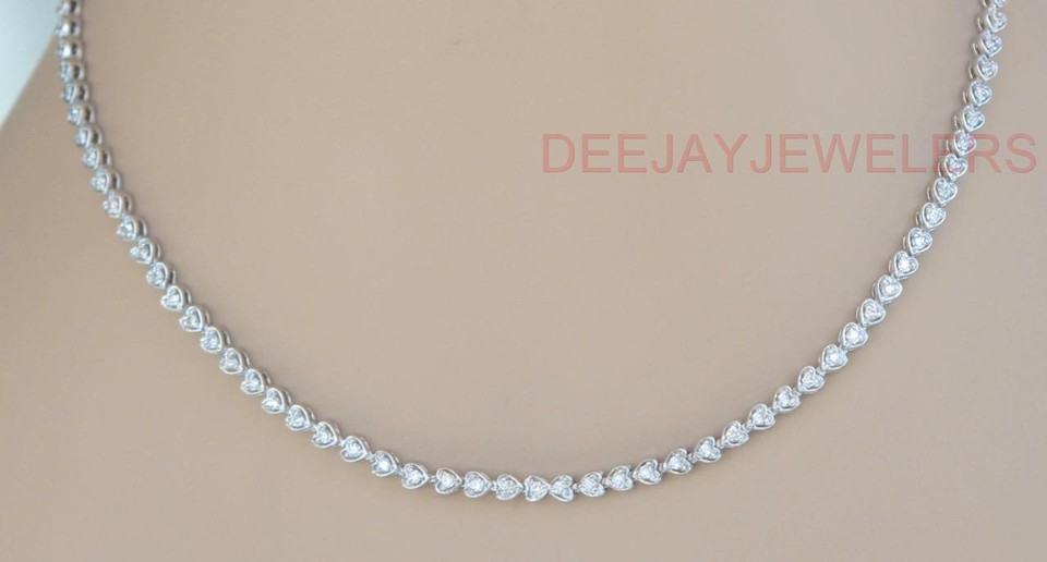 Natural 4.00ct Diamond HeartLink Tennis Necklace 14k White Gold USA