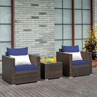 3PCS Rattan Patio Outdoor Conversation Furniture Set w/ Navy Cushions