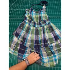 Aerie Plaid Tiered Halter Mini Dress Blue Green Gold Metallic Smocked Medium NEW