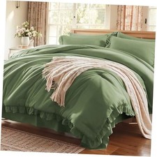 Comforter Set 7 Piece, Olive Green Bed in a Bag with Queen Olive Green-ruffle
