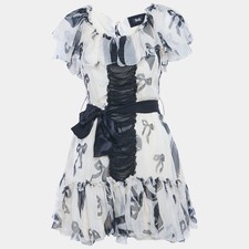 DG Cream Bow Print Silk Ruffle Mini Dress M