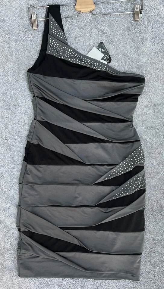 Vintage Y2K style City Triangles one Shoulder Grey Black Rhinestone Mini dress S - Image 1 of 4