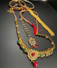 Gold Tone Indian Bridal Jewelry Set Red Green Stone Necklace Bangles