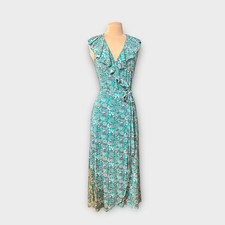 Boden Floral Print Wrap Dress US 8R Green Multi V Neck Jersey Ruffle Maxi