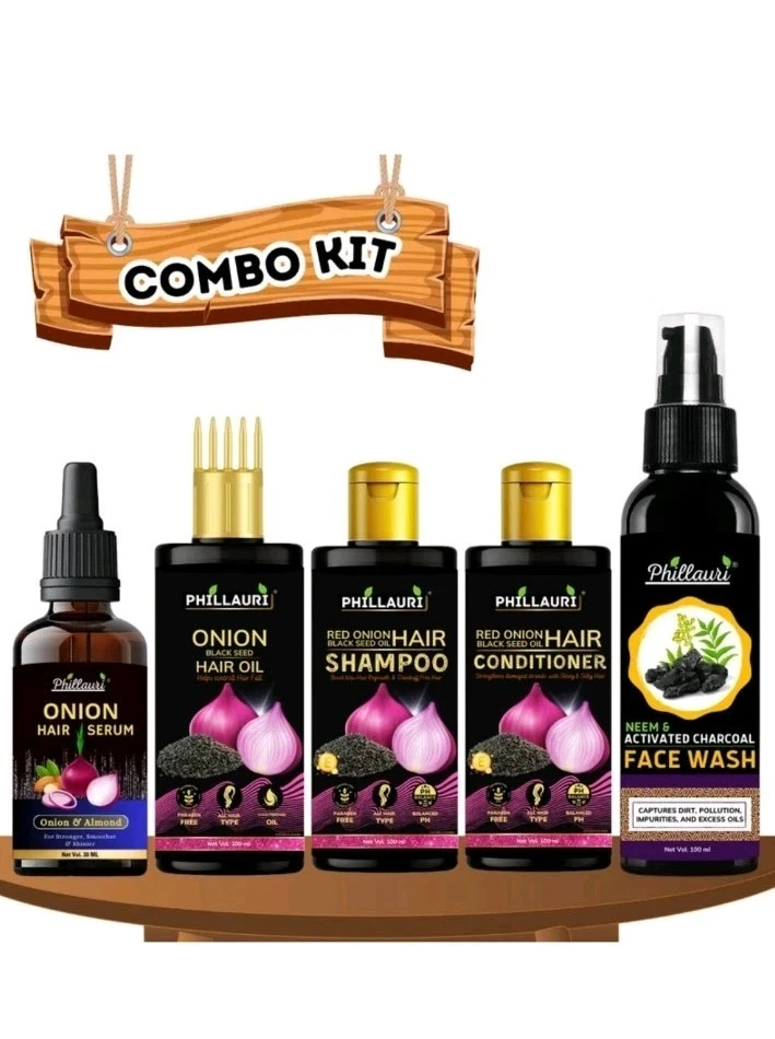 PHILLAURI ONION BLACKSEED SHAMPOO, CONDITIONER, HAIR OIL, SERUM, FACE WASH COMBO