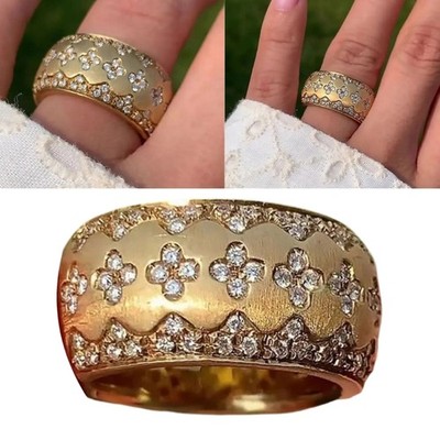 Antique Inspired Diamonds Clovers Pattern Wide Band Ring Formal Event Jewelry