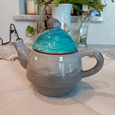 Handmade Glossy Ceramic Tea Pot Gray Teal Lid Orange Interior Modern Art