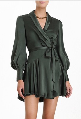 green silky wrap dress