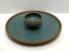 Art Pottery Chip & Dip Serving Tray Stoneware Signed--Green & Brown
