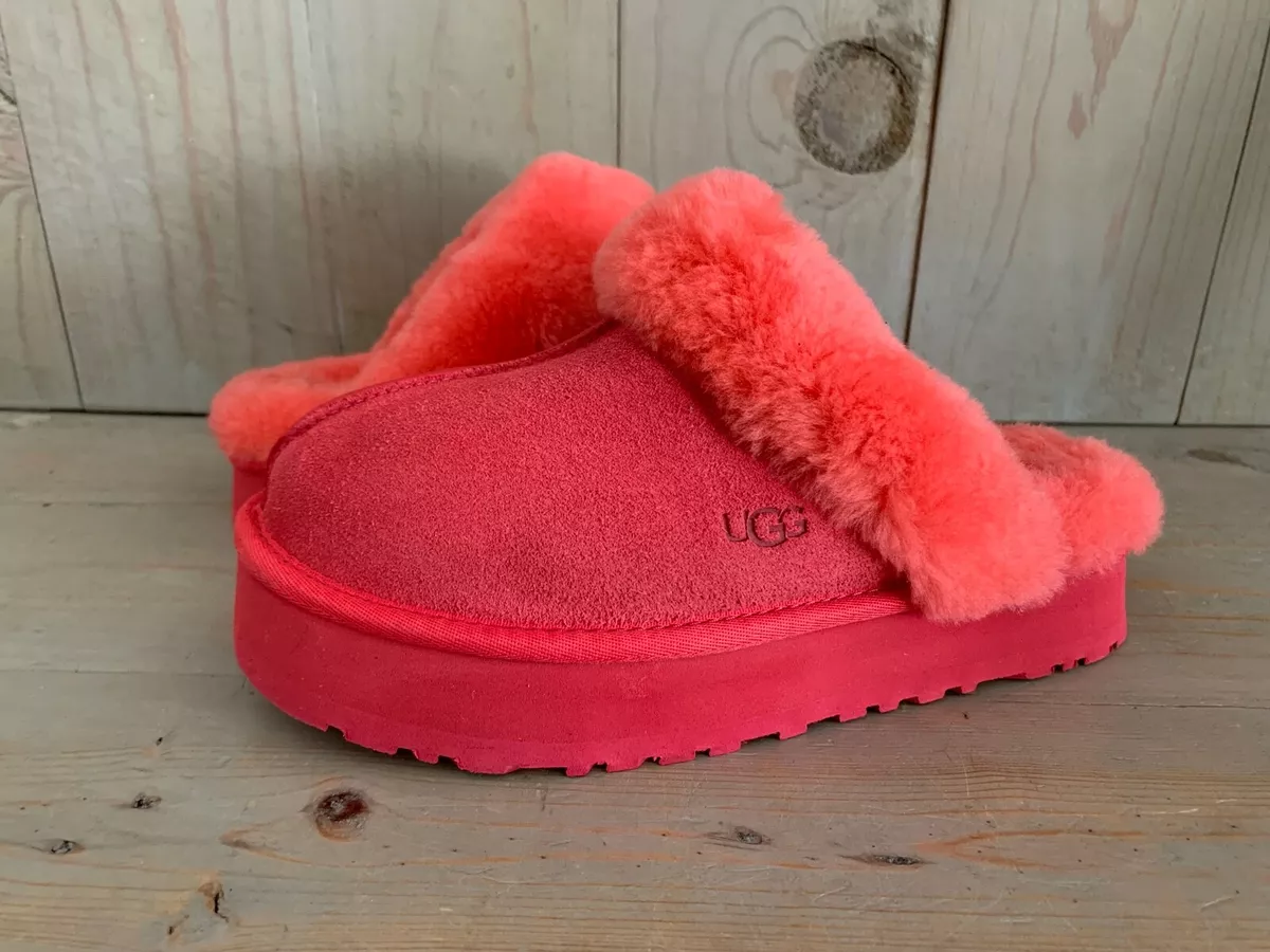 UGG DISQUETTE HIBISCUS PINK PLATFORM SHEEPSKIN WOMENS SLIPPERS NEW