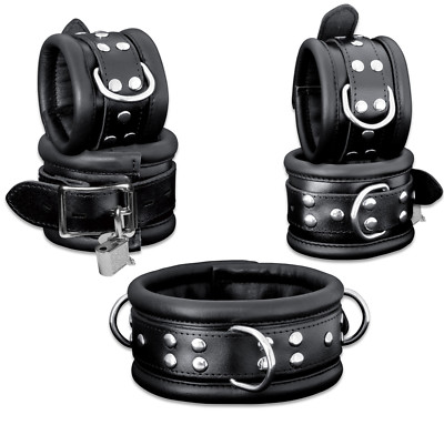 BDSM HQ Bondage Leder Fesselset Hals Handfesseln Fußfesseln gepolstert + Schloss
