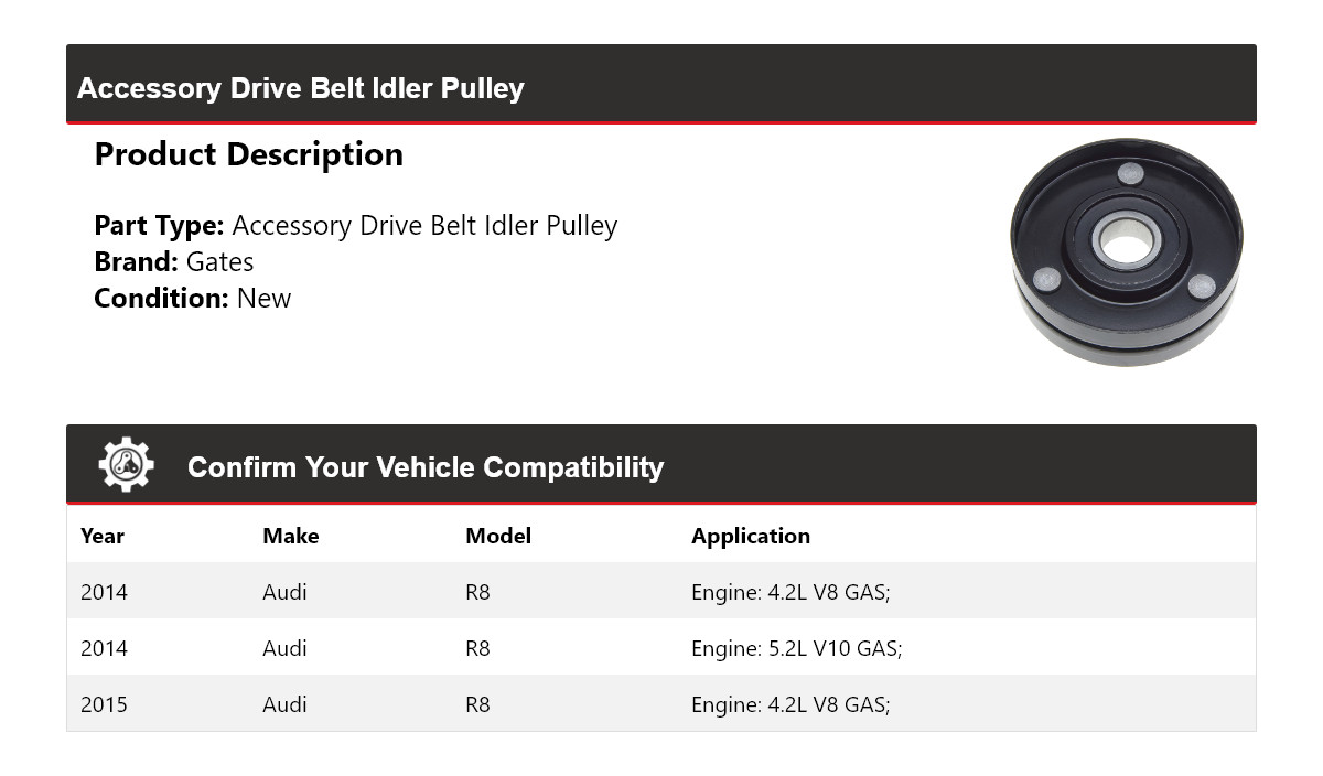 For 2014-2015 Audi R8 Accessory Drive Belt Idler Pulley Gates