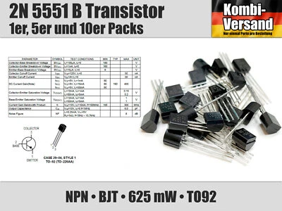 MARKENLOS 2N 5551 B Bipolar Transistor NPN TO-92 BJT 2N5551 Verstärker Schalten Signal
