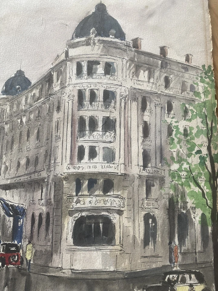 LARGE ORIGINAL MID CENTURY SIGNED GUY DE NEYRAC PARIS Watercolor L’ Hôtel Astor - Image 3 of 4