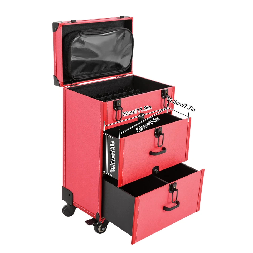 Estuche de tren de maquillaje con ruedas Estuche de cosméticos de aluminio Carro con cerradura de cajón Rosa Foto 3 de 4