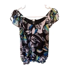 STUDIO 1940 Black & Aqua Floral lined peasant boho ruffled Flutter sleeves M top